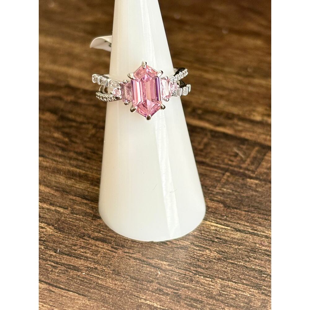 Bomb Party RBP8208 It's Got To Be Glam Rose Quartz Cubic Zirconia Rhodium Size 5